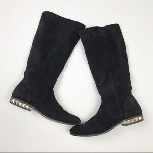 Renvy black suede boots with gold accent heels